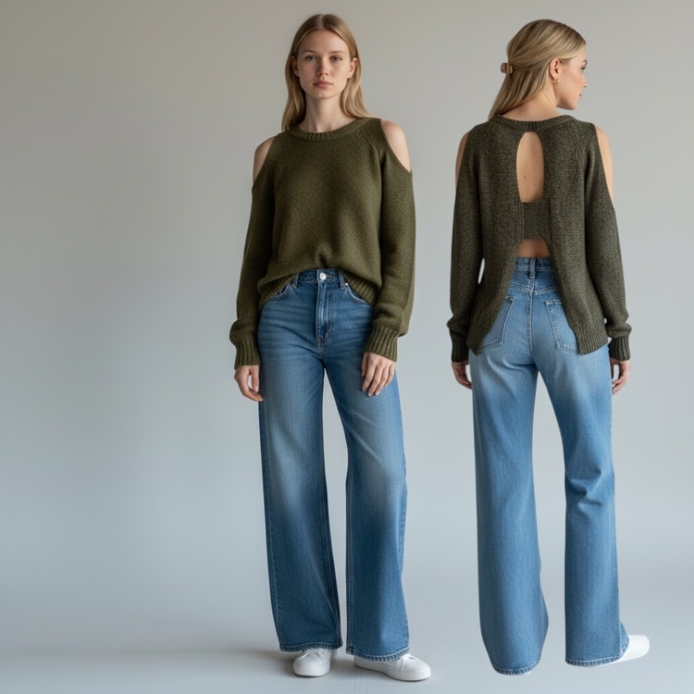 Cotton by RD, Open back/cold shoulder green acrylic sweater, size x-small